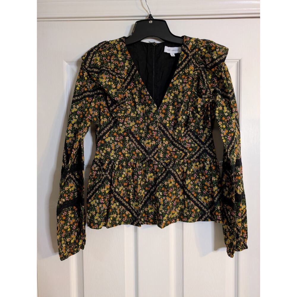 Lost & Wander Peplum Floral Botanical Shirt Partial Zip Back Small